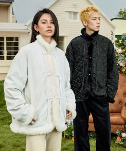 Chinese Style Handmade Button Plush Edge Bamboo Shadow PU Leather Down Jacket Coat