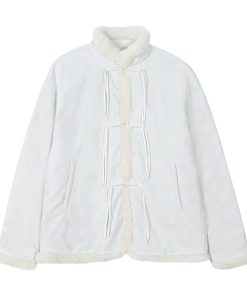 Chinese Style Handmade Button Plush Edge Bamboo Shadow PU Leather Down Jacket Coat