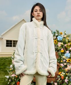 Chinese Style Handmade Button Plush Edge Bamboo Shadow PU Leather Down Jacket Coat