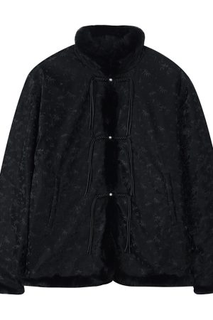 Chinese Style Handmade Button Plush Edge Bamboo Shadow PU Leather Down Jacket Coat