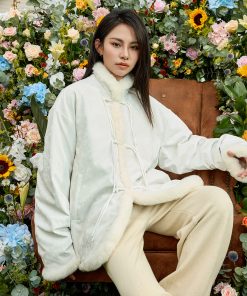 Chinese Style Handmade Button Plush Edge Bamboo Shadow PU Leather Down Jacket Coat