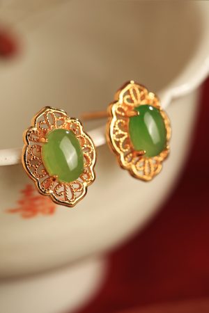 Chinese Style Hetian Jade and Silver Ruyi Earrings for Women - High-End Light Luxury Jade Stone Jewelry