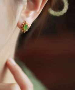Chinese Style Hetian Jade and Silver Ruyi Earrings for Women - High-End Light Luxury Jade Stone Jewelry