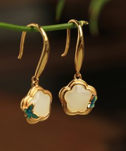 Chinese Style Hetian Jade Butterfly Plum Blossom Earrings in Silver with Enamel and Crystal - Elegant National Wind Accessories for Women