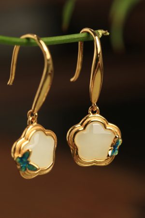 Chinese Style Hetian Jade Butterfly Plum Blossom Earrings in Silver with Enamel and Crystal - Elegant National Wind Accessories for Women