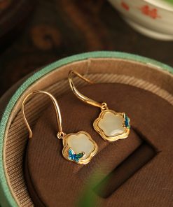 Chinese Style Hetian Jade Butterfly Plum Blossom Earrings in Silver with Enamel and Crystal - Elegant National Wind Accessories for Women