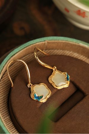 Chinese Style Hetian Jade Butterfly Plum Blossom Earrings in Silver with Enamel and Crystal - Elegant National Wind Accessories for Women