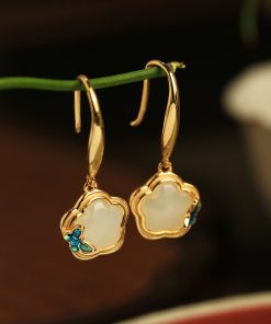 Chinese Style Hetian Jade Butterfly Plum Blossom Earrings in Silver with Enamel and Crystal - Elegant National Wind Accessories for Women