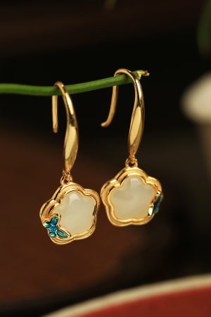 Chinese Style Hetian Jade Butterfly Plum Blossom Earrings in Silver with Enamel and Crystal - Elegant National Wind Accessories for Women