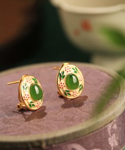 Chinese Style Hetian Jade Flower Branch Design Earrings in Pure Silver with Gold Enamel - Elegant Ancient Method Jewelry for Women