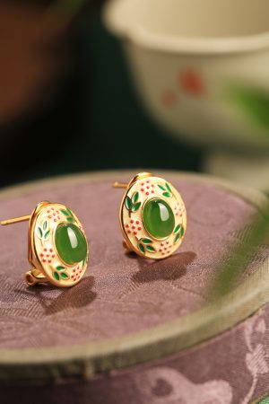Chinese Style Hetian Jade Flower Branch Design Earrings in Pure Silver with Gold Enamel - Elegant Ancient Method Jewelry for Women