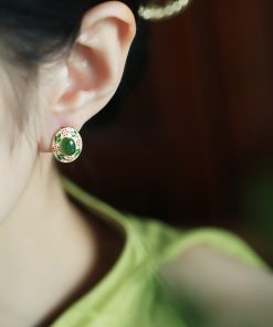 Chinese Style Hetian Jade Flower Branch Design Earrings in Pure Silver with Gold Enamel - Elegant Ancient Method Jewelry for Women
