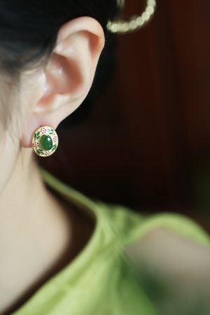 Chinese Style Hetian Jade Flower Branch Design Earrings in Pure Silver with Gold Enamel - Elegant Ancient Method Jewelry for Women