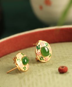 Chinese Style Hetian Jade Flower Branch Design Earrings in Pure Silver with Gold Enamel - Elegant Ancient Method Jewelry for Women