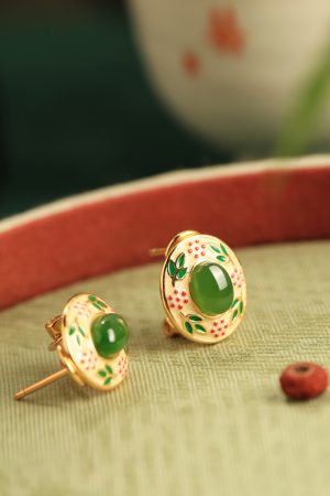 Chinese Style Hetian Jade Flower Branch Design Earrings in Pure Silver with Gold Enamel - Elegant Ancient Method Jewelry for Women