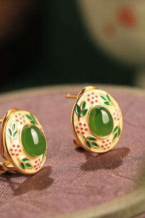 Chinese Style Hetian Jade Flower Branch Design Earrings in Pure Silver with Gold Enamel - Elegant Ancient Method Jewelry for Women