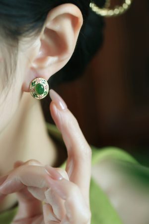 Chinese Style Hetian Jade Flower Branch Design Earrings in Pure Silver with Gold Enamel - Elegant Ancient Method Jewelry for Women