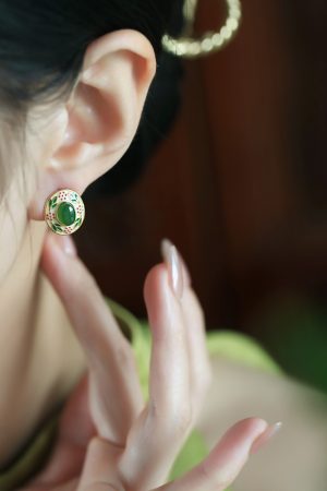 Chinese Style Hetian Jade Flower Branch Design Earrings in Pure Silver with Gold Enamel - Elegant Ancient Method Jewelry for Women