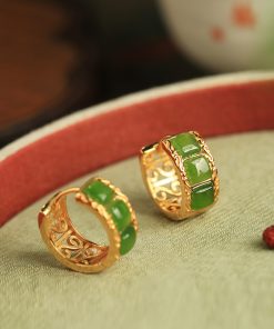 Chinese Style Hetian Jade Green Gemstone Ear Clips - Women's National Wind Gold Inlaid Earrings