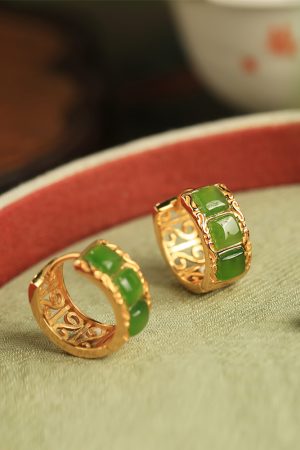 Chinese Style Hetian Jade Green Gemstone Ear Clips - Women's National Wind Gold Inlaid Earrings