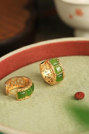 Chinese Style Hetian Jade Green Gemstone Ear Clips - Women's National Wind Gold Inlaid Earrings