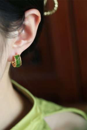 Chinese Style Hetian Jade Green Gemstone Ear Clips - Women's National Wind Gold Inlaid Earrings