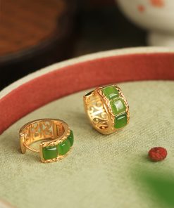 Chinese Style Hetian Jade Green Gemstone Ear Clips - Women's National Wind Gold Inlaid Earrings