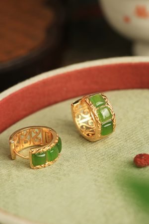 Chinese Style Hetian Jade Green Gemstone Ear Clips - Women's National Wind Gold Inlaid Earrings