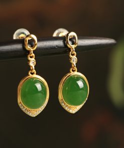 Chinese Style Hetian Jade Green Water Drop Earrings - 18K Gold-Plated Silver Luxury Drop Earrings for Women