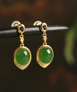 Chinese Style Hetian Jade Green Water Drop Earrings - 18K Gold-Plated Silver Luxury Drop Earrings for Women