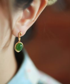 Chinese Style Hetian Jade Green Water Drop Earrings - 18K Gold-Plated Silver Luxury Drop Earrings for Women