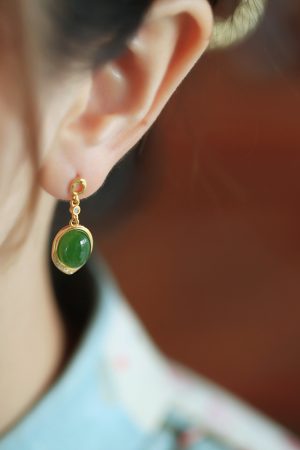 Chinese Style Hetian Jade Green Water Drop Earrings - 18K Gold-Plated Silver Luxury Drop Earrings for Women