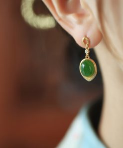 Chinese Style Hetian Jade Green Water Drop Earrings - 18K Gold-Plated Silver Luxury Drop Earrings for Women
