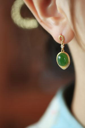 Chinese Style Hetian Jade Green Water Drop Earrings - 18K Gold-Plated Silver Luxury Drop Earrings for Women