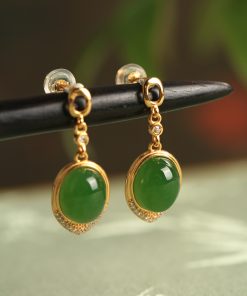 Chinese Style Hetian Jade Green Water Drop Earrings - 18K Gold-Plated Silver Luxury Drop Earrings for Women