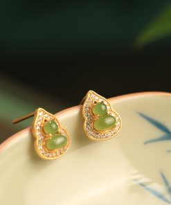 Chinese Style Hetian Jade Pure Silver Gourd Stud Earrings for Women - Natural Jade Light Luxury Accessories