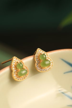 Chinese Style Hetian Jade Pure Silver Gourd Stud Earrings for Women - Natural Jade Light Luxury Accessories