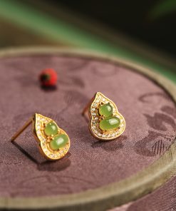 Chinese Style Hetian Jade Pure Silver Gourd Stud Earrings for Women - Natural Jade Light Luxury Accessories