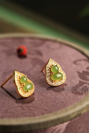 Chinese Style Hetian Jade Pure Silver Gourd Stud Earrings for Women - Natural Jade Light Luxury Accessories