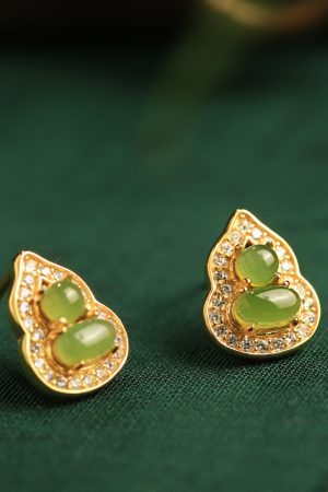 Chinese Style Hetian Jade Pure Silver Gourd Stud Earrings for Women - Natural Jade Light Luxury Accessories
