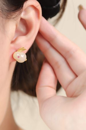Chinese Style Hetian Jade Rabbit Earrings in Pure Silver - Light Luxury Design for Women - High-End New Year Fashion Jewelry