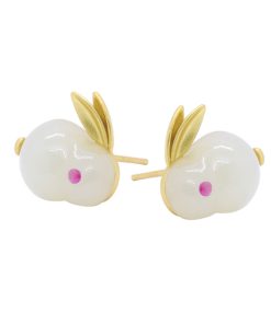 Chinese Style Hetian Jade Rabbit Earrings in Pure Silver - Light Luxury Design for Women - High-End New Year Fashion Jewelry