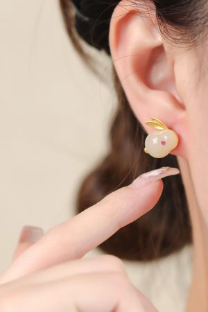 Chinese Style Hetian Jade Rabbit Earrings in Pure Silver - Light Luxury Design for Women - High-End New Year Fashion Jewelry