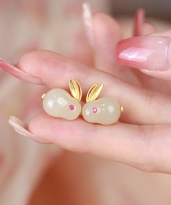 Chinese Style Hetian Jade Rabbit Earrings in Pure Silver - Light Luxury Design for Women - High-End New Year Fashion Jewelry