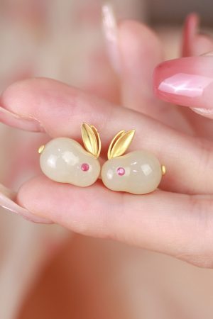 Chinese Style Hetian Jade Rabbit Earrings in Pure Silver - Light Luxury Design for Women - High-End New Year Fashion Jewelry