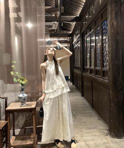 Chinese-Style High-End Butterfly Print Dress Set for Women - Summer Two-Piece National Wind Long Skirt & Top