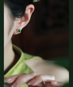 Chinese Style Ice Jade Pendant Silver Earrings for Women - Green Jade Stone, Metaphysical Wealth-Enhancing Jewelry