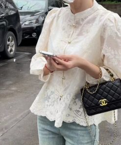 Chinese-Style Jacquard Button Shirt for Women - Spring 2025 High-End Slim-Fit Long Sleeve Top in Light National Wind Fashion