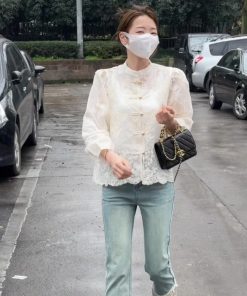 Chinese-Style Jacquard Button Shirt for Women - Spring 2025 High-End Slim-Fit Long Sleeve Top in Light National Wind Fashion