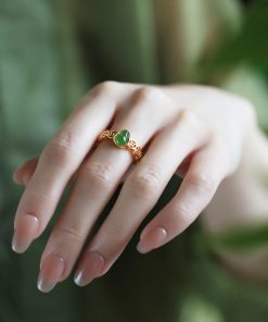 Chinese Style Jade Green Gourd Ring for Women, Gold-Plated Silver Coin Design, National Wind Wealth Attraction Accessory